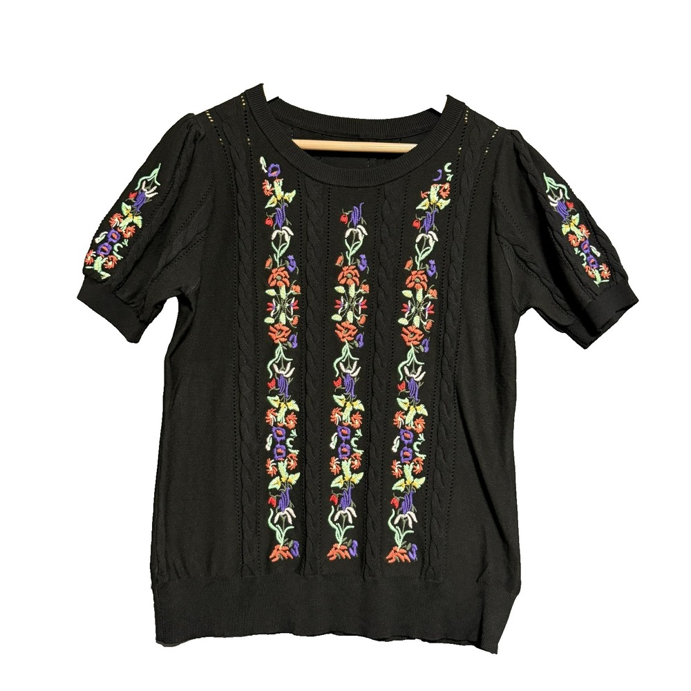 Cici Bird Sweater Top Cottagecore Black Floral Embroidered Knit Boho Size Large